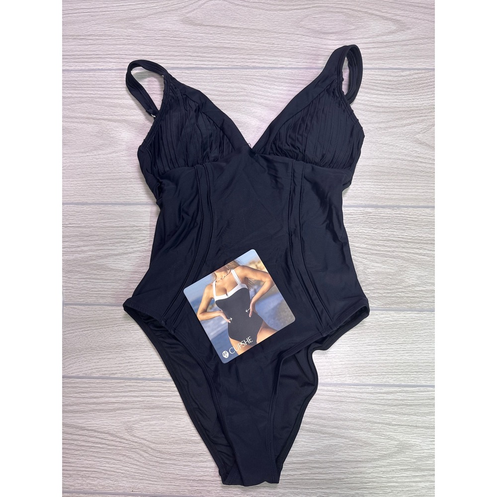 Cupshe Black Tummy Control V Neck Pleated One Piece Swimsuit CAA12E6A061AA M - Picture 3 of 7